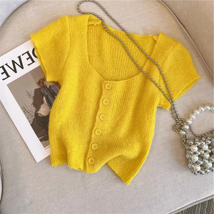 YLSZ定制~黄色方领短袖针织衫夏季新款高级感气质复古小香风上衣