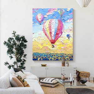 奶油风彩色热气球儿童房装饰挂画治愈系风景手绘油画抽象肌理壁画