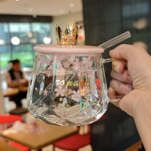 高颜值玻璃杯带吸管成人大容量耐高温花茶杯子女家用樱花ins水杯