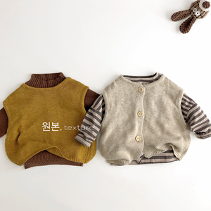 韩国专柜两面穿日系儿童马甲春秋男女童宝宝针织百搭坎肩毛衣森系
