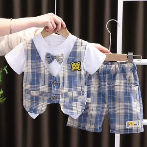 婴儿衣服夏季儿童薄款短袖马甲小西装周岁礼服套装一岁男宝宝夏装