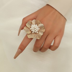 时尚夸张金属合金珍珠花朵戒指简约复古创意设计开口食指戒指女款