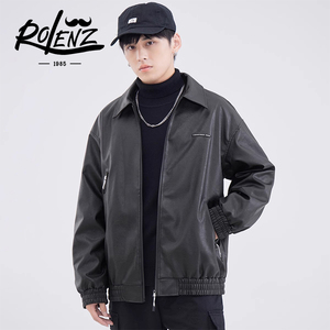 Rolenz高端奢侈品名牌春秋黑色皮衣男士外套复古休闲开衫翻领夹克