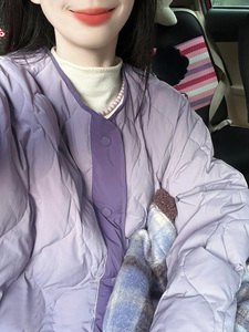2023冬季新款韩版紫色菱形格子短款羽绒棉服女保暖休闲宽松外套女
