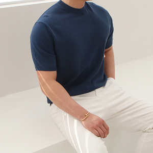 蓝色圆领半高领针织短袖T恤男士夏季男款修身打底衫男装商务上衣