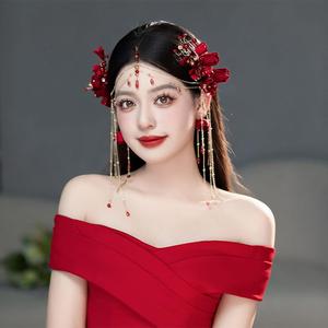 中式订婚头饰森系红色花苞发夹套装新娘敬酒服结婚纱礼服跟妆配饰