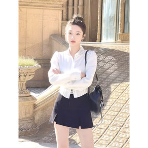 白色衬衫女长袖修身短款衬衣加领带韩版不规则下摆显瘦百搭衬衣潮