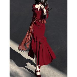 法式时尚赫本风红色连衣裙子女2024年春季新款在逃公主生日小礼服