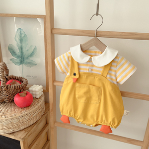 婴儿衣服新生宝宝可爱小鹅假两件爬服2024夏季新款小童短袖连体衣