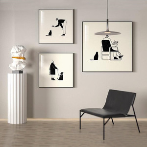小众艺术入户玄关黑白装饰画现代简约客厅挂画大福猫咪和主人壁画