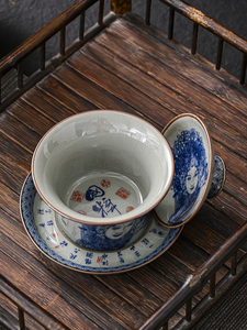 中式复古青花三才盖碗功夫茶具泡茶碗家用办公高档陶瓷马蹄盖碗