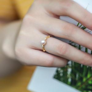 日本花珠精致珍珠5.2-5.5mm镀18K金锆石复古时尚戒指女开口食指戒