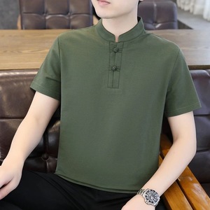 中国风新款唐装短袖t恤男士夏季立领轻薄款纯色体恤休闲男装上衣