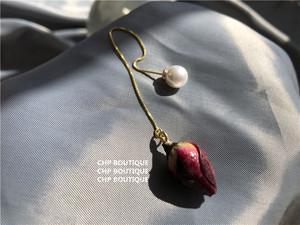 一只玫瑰。S925通体纯银天然玫瑰干花珍珠超仙红书耳线长款耳环