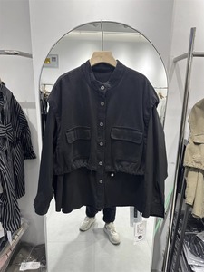 黑色复古假两件衬衫外套女大码显瘦韩版设计感拼接工装衬衣夹克潮