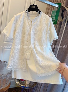 新中式国风蕾丝刺绣马甲套装女夏季大码胖m独特短袖T恤上衣两件套