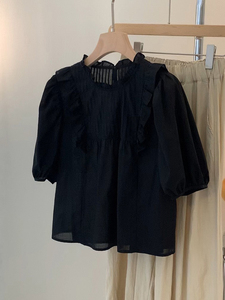 法式甜美洋气黑色短款娃娃衫上衣女夏季大码气质独特短袖雪纺衬衫