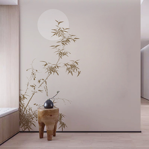 新中式壁纸水墨竹子圆月意境墙纸客厅沙发背景墙壁布书房茶室墙布