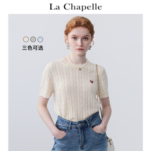 拉夏贝尔/La Chapelle圆领爱心套头麻花针织短袖T恤女通勤上衣夏