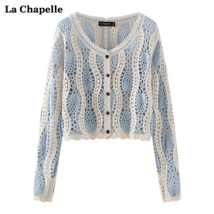 拉夏贝尔/La Chapelle波浪纹拼色镂空针织开衫女低圆领防晒空调衫