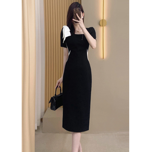 法式赫本风职业黑色连衣裙2024夏季新款女装高级感OL收腰包臀裙子