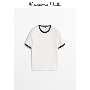 Massimo Dutti女装 2023秋冬新款短袖拼接白色T恤上衣06866772250