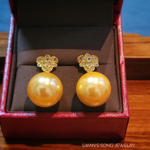 日本单，“玫瑰金珠”南洋金色天然海贝珍珠耳环，巨无霸14mm