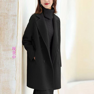 伊朵维格娜丝新款2022冬黑色中长款百搭显瘦羊毛外套女大衣40510