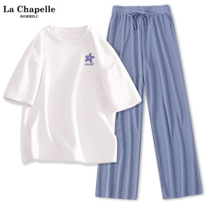 拉夏贝尔运动套装夏装女2024新款夏季白色短袖直筒裤休闲两件套J