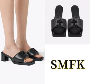SMFK夏季Compass-Duck十字花鸭嘴凉鞋黑色中跟羊皮拖鞋女潮SH002B