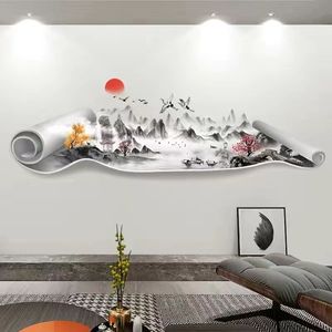 中国风贴画卧室沙发客厅书房电视背景墙装饰壁纸自粘山水画墙贴画
