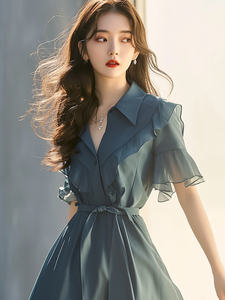 品牌折扣夏装那不勒斯法式高端精致荷叶边收腰蓝色雪纺衬衫连衣裙