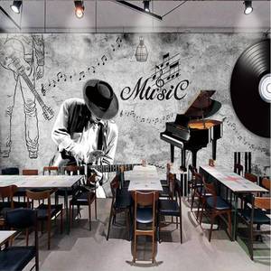 手绘复古怀旧音乐主题装饰壁画3d摇滚清吧工业风壁纸餐厅饭店墙纸