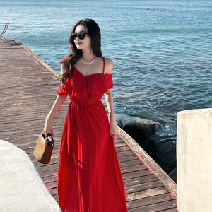 海滩夫人三亚海边红色雪纺度假沙滩裙荷叶边连衣裙女夏季吊带长裙