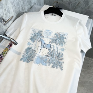欧洲站短袖t恤男丝光棉潮牌动物马图案印花流行欧货冰丝白色体恤