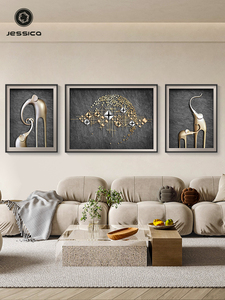 现代轻奢客厅装饰画大象抽象沙发背景墙后面挂画高档麋鹿三联壁画