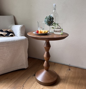 法式沙发小边几原木简约实木圆形小圆桌阳台家用实木美式复古茶几