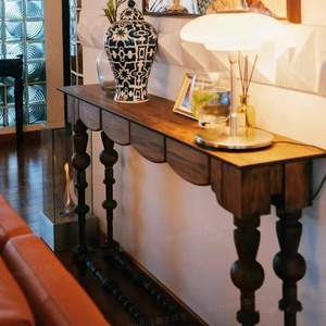 美式玄关柜长条靠墙实木极窄桌走廊复古长桌子条案桌中古
