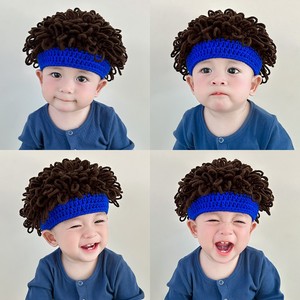 疯狂发型日儿童宝宝帽子男婴儿假发泡面卷发毛线帽爆炸头搞笑头套