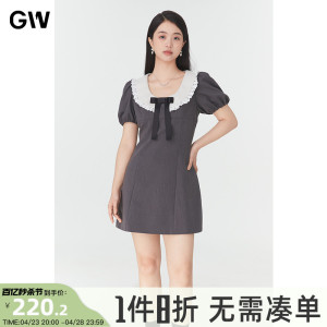 GW大码女装法式娃娃领连衣裙2024夏季新款微胖mm收腰显瘦中长裙子