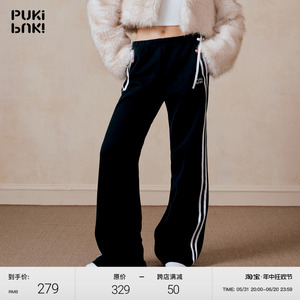 PUKI 蝴蝶结线条休闲裤 美式春秋季显瘦宽松黑色运动拖地阔腿长裤