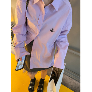星球刺绣紫色衬衫外套女夏季薄款设计感小众休闲长袖小个子衬衣女