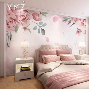 北欧粉色火烈鸟电视背景墙壁纸卧室床头花朵壁画水彩画沙发墙纸画