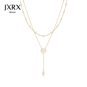 JXRX双层叠戴珍珠项链女2024新款爆款高级感颈链锁骨链山茶花吊坠
