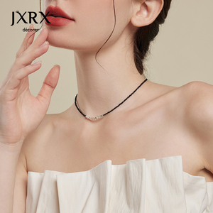 JXRX黑色水晶碎银子项链女轻奢小众高级感锁骨链简约气质时尚颈链
