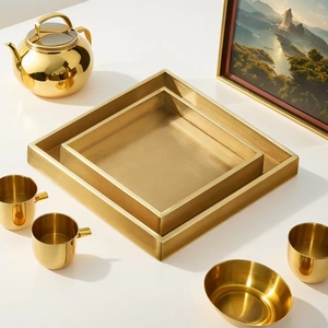 北欧纯黄铜长方形茶具托盘金属首饰圆盘铜盘置物盘金色收纳盘定制