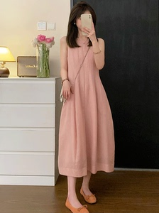 粉色法式甜美雪纺背心无袖连衣裙2024新款女夏季裙子收腰显瘦长裙