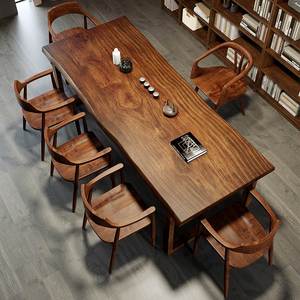 实木大板茶桌椅组合一桌六椅茶几家用客厅功夫泡茶台黑胡桃色茶桌