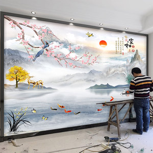 中式电视机背景墙壁纸客厅3d立体墙贴自粘山水墙布装饰影视墙壁画