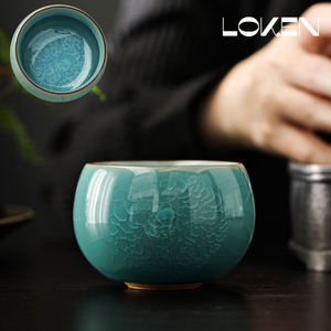 洛肯汝窑茶杯主人杯单杯青瓷冰花陶瓷功夫茶具高端个人专用品茗杯